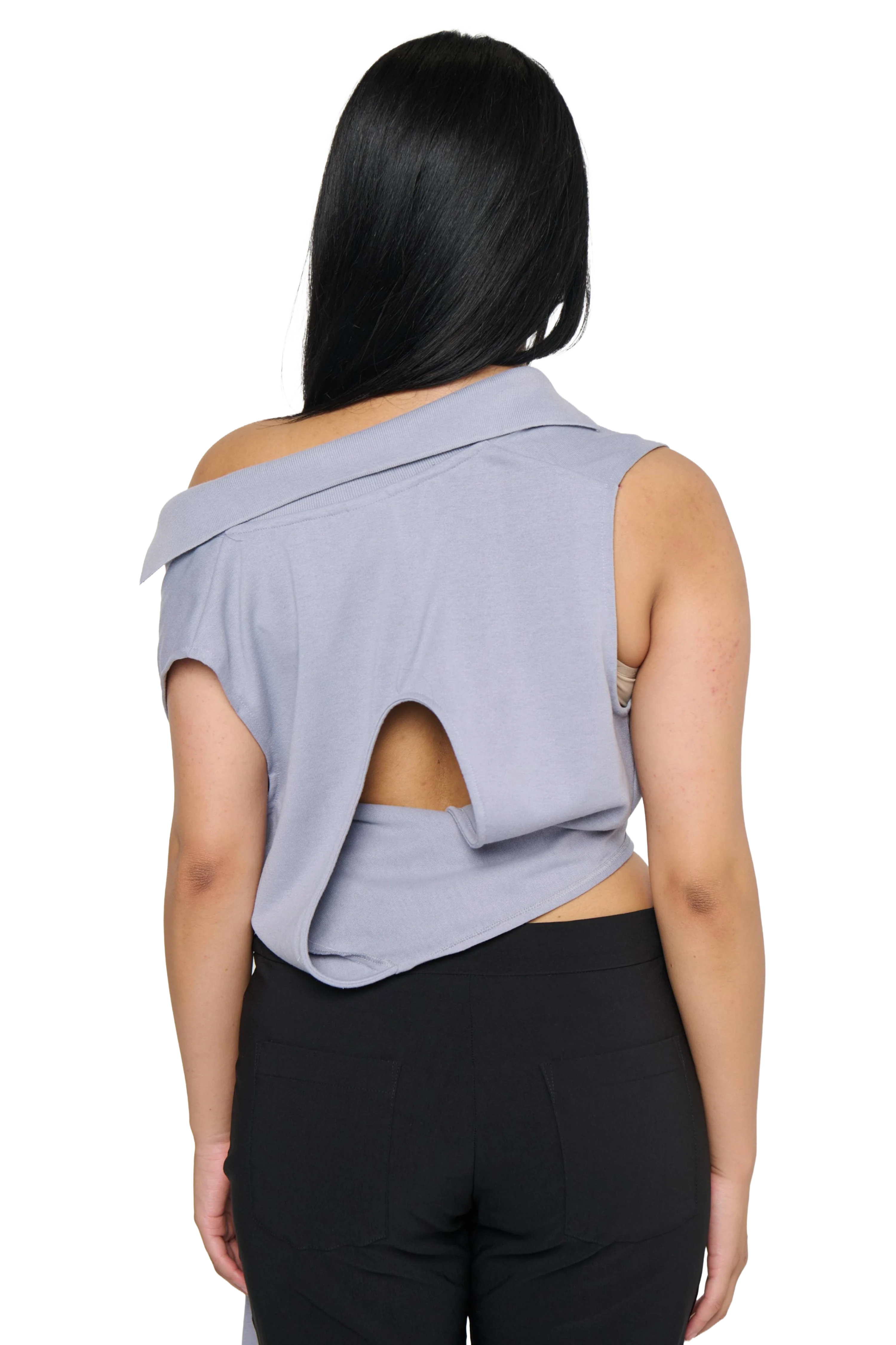 Backless Polo Shirt - Grey - Image 4